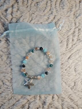 Coastal Starfish Beaded Stretch Bracelet - Blue Multi